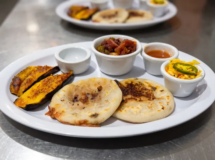 Pupusas con curtido, salsa y frijoles